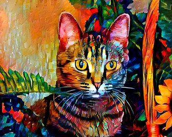 Bengal Cat Art, Tabby Cat Art, Cat and Flowers, Cat Art Print, Tabbies, Cat Artwork, Crazy Cat Lady, Cat Art Gifts, Colorful Cat Art