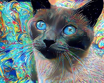 Siamese Cat Art, Cat Decor, Cat Art, Cat Art Print, Cat Wall Art, Pet Art, Psychedelic Art, Cat Print, Colorful Print, Cat Lover Gift