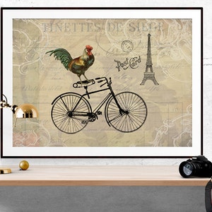 Whimsical Art, Rooster Print, Bird Print, Bicycle Art, Bicycle Decor, Paris Home Decor, Eiffel Tower Print, Eiffel Tower Decor image 1