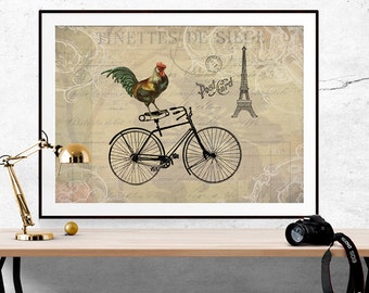 Whimsical Art, Rooster Print, Bird Print, Bicycle Art, Bicycle Decor, Paris Home Decor, Eiffel Tower Print, Eiffel Tower Decor