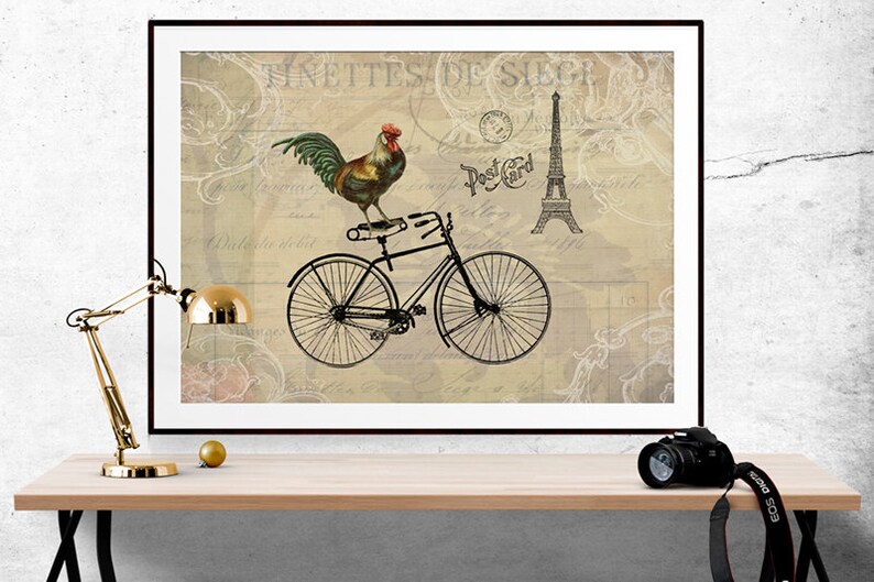 Whimsical Art, Rooster Print, Bird Print, Bicycle Art, Bicycle Decor, Paris Home Decor, Eiffel Tower Print, Eiffel Tower Decor image 1