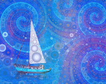Sailboat Print, Sailing Art, Nautical Wall Art, Ocean Wall Art, Whimsical Art, Spiral Art, Abstract Blue Art, Circle Art, Whimsical Print