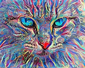 Gato psicodélico, arte colorido del gato, impresión del arte del gato, arte del gato azul, arte de la señora del gato loco, gato del arte pop, arte del gato