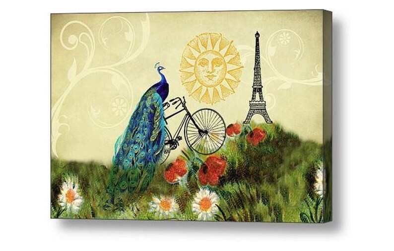 Decoración de pavo real, arte caprichoso, decoración de París, arte de bicicleta, arte de collage, decoración de habitación de niñas, arte de pared para niños, Torre Eiffel, arte de bicicleta, amapola imagen 1
