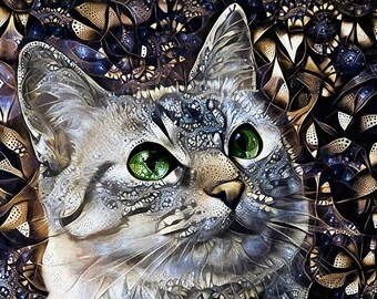 Gray Cat Art, Cat Art Print, Gray Tabby Cat, Cat Portraits, Cat Artwork, Green Eyed Cat, Tabby Cat Print, Cat Wall Decor