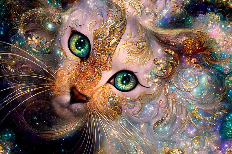 Pink Cat Art, Pink Cat Prints, Girls Bedroom Art, Cat Mom Gift, Green Eyed Cat, Glitter Cat Art, Colorful Cat Art, Cat Art Prints image 1