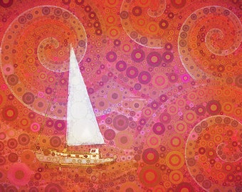 Sailboat Art Print, Sailing Print, Gift for Sailor, Nautical Wall Art, Whimsical Art, Spiral Art, Orange Art Print, Colorful Art