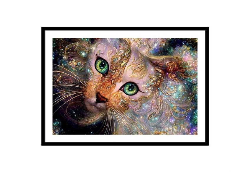 Pink Cat Art, Pink Cat Prints, Girls Bedroom Art, Cat Mom Gift, Green Eyed Cat, Glitter Cat Art, Colorful Cat Art, Cat Art Prints image 2