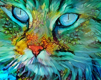 Blue Cat Art, Colorful Cat Print, Cat Artwork, Alcohol Ink Art, Cat Wall Decor, Long Haired Cat Art, Cat Mom Gift