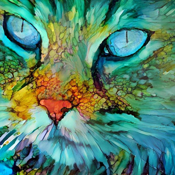 Blue Cat Art, Colorful Cat Print, Cat Artwork, Alcohol Ink Art, Cat Wall Decor, Long Haired Cat Art, Cat Mom Gift