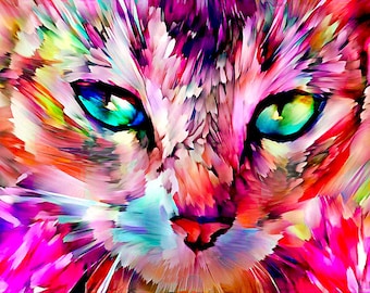 Tabby Cat Art, Abstract Cat Print, Colorful Cat Artwork, Cat Wall Decor, Hot Pink Wall Art, Cat Face