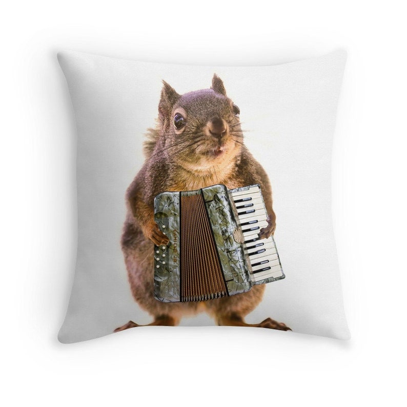 Gift for Musician, Accordion, Squirrel Pillow, Music Decor, Music Gift, Funny Cushion, Squirrel Cushion, Squirrel Decor, Animal Decor image 1