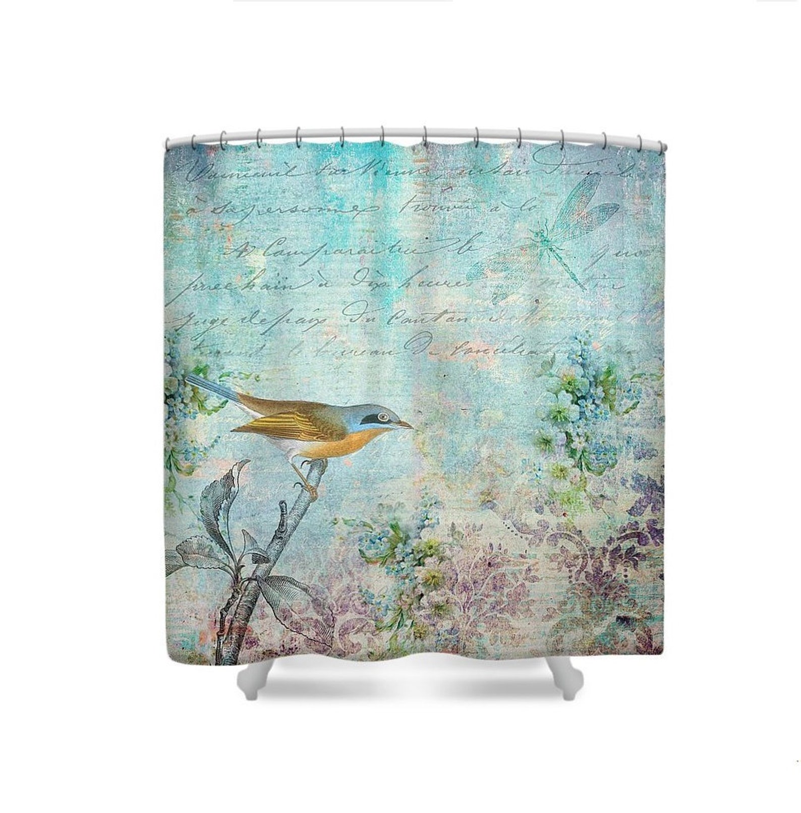 Shabby Chic Bathroom Bird Shower Curtain Blue Shower Etsy