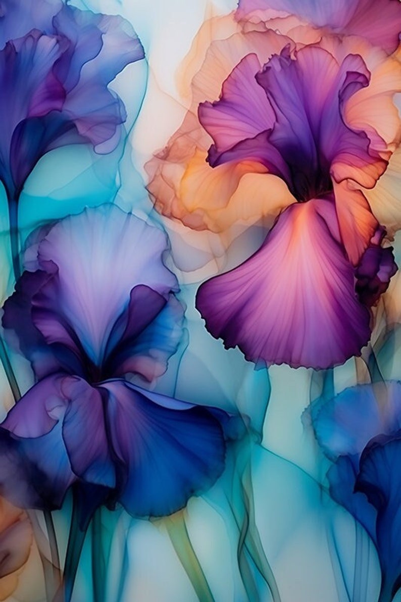Iris Art, Iris Art Prints, Flower Art, Alcohol Ink Flowers, Irises Artwork, Gardener Gifts, Floral Wall Decor, Bearded Irises, Purple Irises image 1