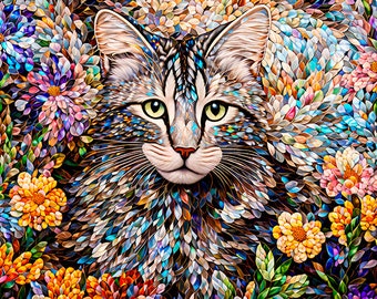 Cat Art Prints, Cat and Flowers, Gray Cat Art, Tabby Cat Art, Gray Tabbies, Colorful Cat Prints, Garden Art, Gardener Gift