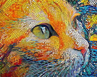 Cat Wall Decor, Orange Cat Print, Mosaic Effect Wall Art, Ginger Cat Gift, Colorful Cat Art, Ginger Cat Art, Crazy Cat Lady Gift