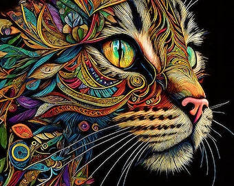 Colorful Cat Art, Cat Art Print, Tabby Cat Art, Psychedelic Cat, Cat Wall Decor, Modern Cat Art, Cat Home Decor, Cat Mom Gift