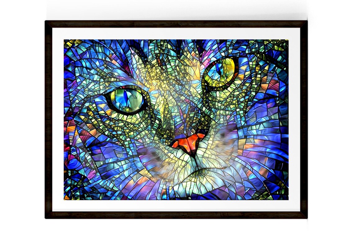 Colorful Cat Art Stained Glass Art Cat Print Cat Wall Art Etsy