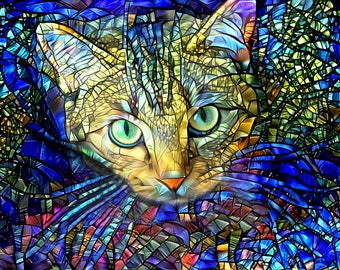 Stained Glass Art, Cat Wall Decor, Colorful Cat Print, Tabby Cat Poster, Crazy Cat Lady, Cat Dad Gift