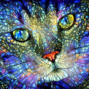 Colorful Cat Art, Stained Glass Art, Cat Print, Cat Wall Art, Tabby Cat