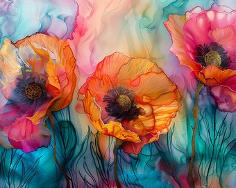 Poppy Art, Poppy Prints, Flower Art Prints, Floral Artwork, Colorful Art, Poppies Print, Alcohol Ink Flowers, Watercolor Flowers