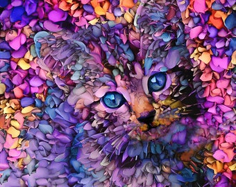 Purple Cat, Flower Cat, Kitten Art, Purple Print, Abstract Cat Art, Kitten Wall Art, Kitten Print
