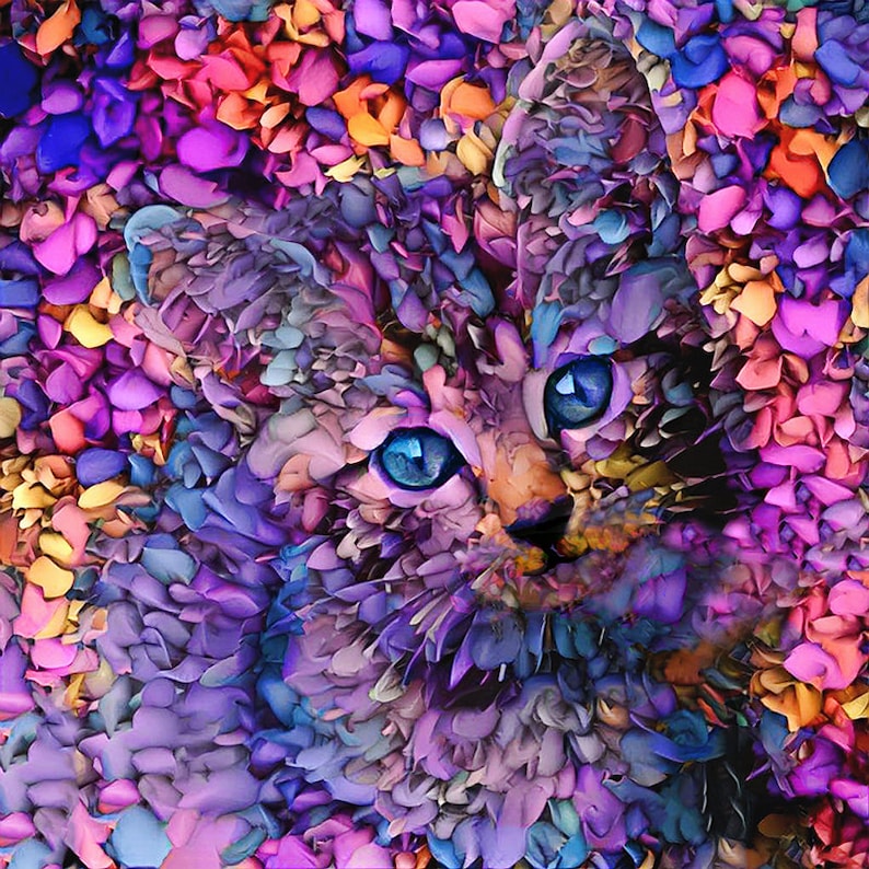 Purple Cat, Flower Cat, Kitten Art, Purple Print, Abstract Cat Art, Kitten Wall Art, Kitten Print image 1