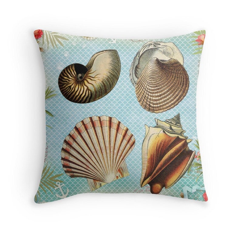 Beach Pillow, Sea Shells Decor, Seashells Cushion, Beach Decor, Sea Theme, Aquatic Throw Pillow, 16x16 Pillow, Cushion Cover image 1