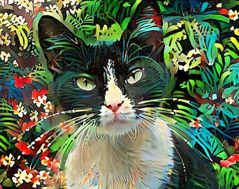 Tuxedo Cat Art, Tuxedo Cat Gift, Black and White Cat, Cat Print, Colorful Wall Art, Cat and Flowers, Cat Lover Gift