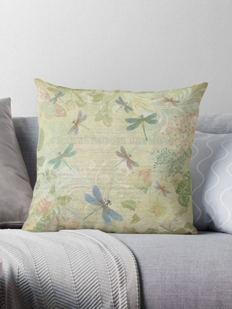Dragonfly Gifts, Dragonfly Pillow, Dragonfly Decor, Shabby Chic Cushion, Pastel Cushion, Pretty Cushions, Vintage Decor, Pastel Throw Pillow image 2