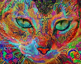 Psychedelic Cat, Colorful Cat Art, Cat Prints, Tabby Cat Art, Cat Artwork, Cat Wall Art, Cat Mom Gift