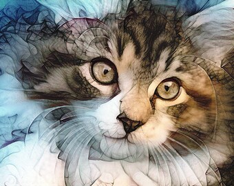 Cat Wall Art, Cat Portrait, Cat Art Print, Maine Coon Cat, Cat Wall Decor, Kitten Print, Pet Portrait