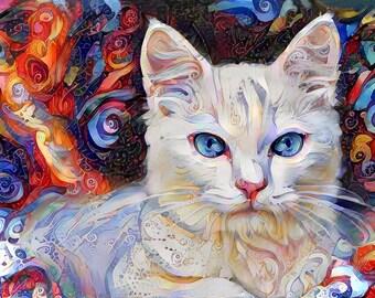 White Cat Art, Kitten Art Print, Cat Gift, Cat Wall Art, Modern Art, Cat Gift for Women, Cat Lover Gift, Colorful Print, Modern Decor,