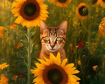 Cat and Sunflowers, Cat Art Print, Sunflower Art, Sunflower Prints, Ukrane Art, Cat Mom Gift, Sunflower Gifts, Tabby Cat Artwork, Cat Decor