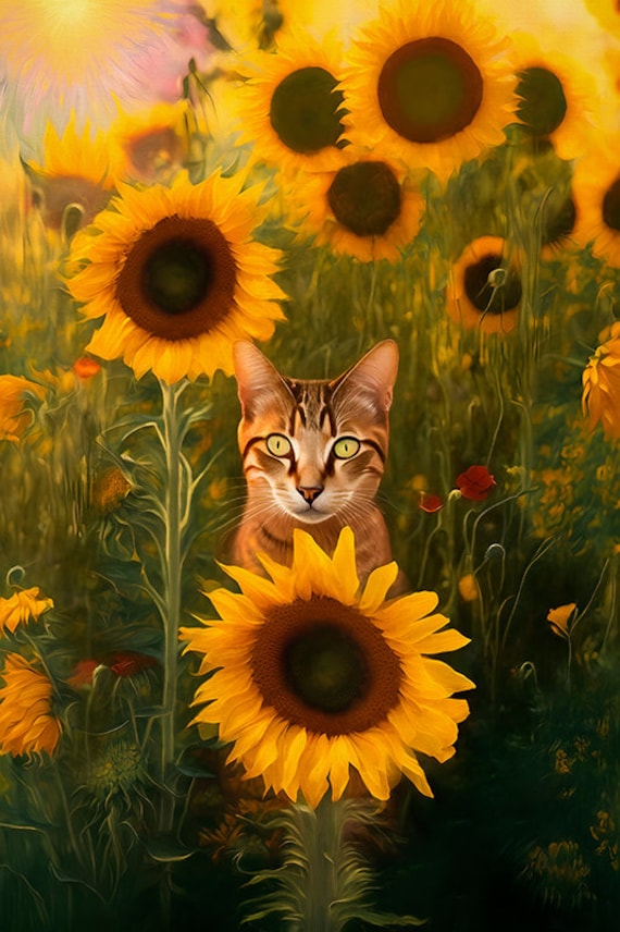 Personalized Sunflowers Cat Art Print Custom Cat Poster Cat 