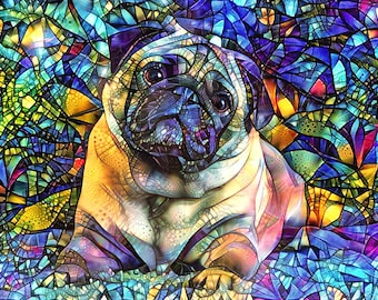 Pug Art, Stained Glass, Psychedelic Art, Pug Print, Colorful Dog Art, Abstract Dog Art, Canine, Dog Decor