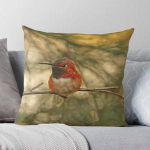 Bird Throw Pillow, Hummingbird Pillow, Hummingbird Cushion, Bird Decor, Nature Cushion, Wildlife Cushion, Gift for Birdwatcher,Rufous Hummer image 2