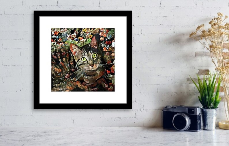 Tabby Cat Art Brown Tabby Cat Floral Print Abstract Cat Etsy