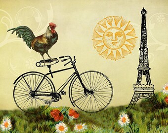 Rooster Art, Whimsical Art, Rooster Decor, Bike Art, Bicycle Wall Art, Rooster Prints, Bike Decor, Eiffel Tower, Whimsical Prints