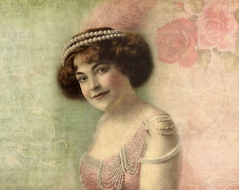 Shabby Chic Decor, Bohemian Decor, Vintage Portrait, Victorian Art, Pink and Green Print, Flapper