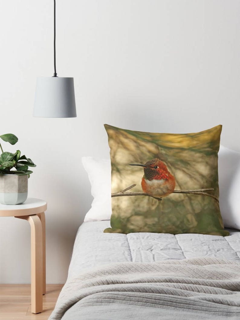 Bird Throw Pillow, Hummingbird Pillow, Hummingbird Cushion, Bird Decor, Nature Cushion, Wildlife Cushion, Gift for Birdwatcher,Rufous Hummer image 3