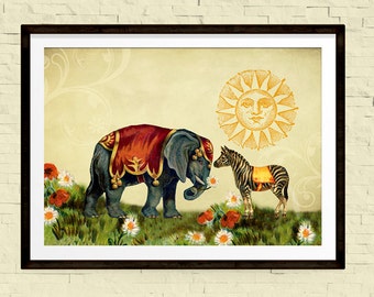 Nursery Art, Wall Art, Elephant Art, Vintage Decor, Whimsical Art, Love Print, Circus Poster, Collage Art, Large Wall Art, Elephant Print