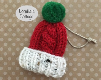 Mini Hat Ornament for tree, Farmhouse Christmas Tweed Hat, Bobble Hat Ornament, Xmas Decor, Knit Christmas Tree Ornament, Little Chunky Hat