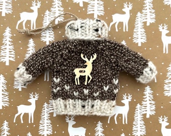 Sweater Ornament, Knit Seasonal Ornament, Winter decoration, Rustic mini sweater, Ornamental Deer, Knit Tree decoration, Knit Little Sweater