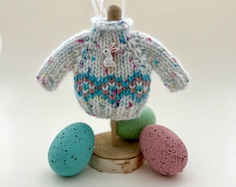 Easter Sweater Ornament, Fair Isle sweater, Bunny accent, Cozy Sweater weather, Knit gift topper, Holiday decoration, Little Sweater decor