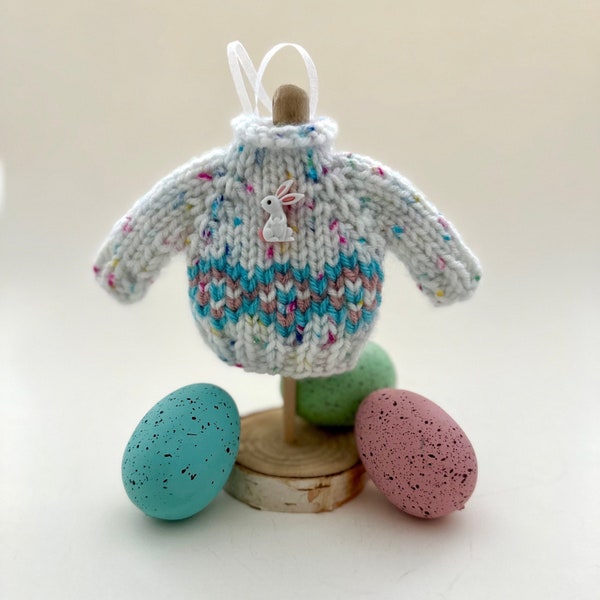 Easter Sweater Ornament, Fair Isle sweater, Bunny accent, Cozy Sweater weather, Knit gift topper, Holiday decoration, Little Sweater decor