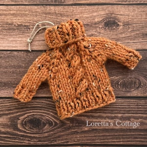 Mini Sweater Ornament, Cabled Autumn Decor, Handknit Pumpkin Tweed Wool Little Chunky Turtleneck Pullover
