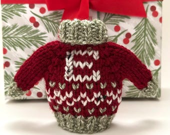 Mini Sweater Ornament, Personalized Christmas Decor, Knit Package Tag w/ Letter Initial, Fair Isle Design, Made To Order, Loretta's Cottage