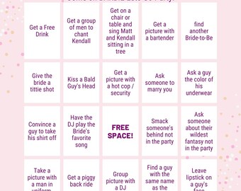 May include: A pink and white bingo card with the title "Barbie Bachelorette Bingo" and the text "Come on Barbie Lets Go Party!"  The card has 25 squares with different activities to do at a bachelorette party.