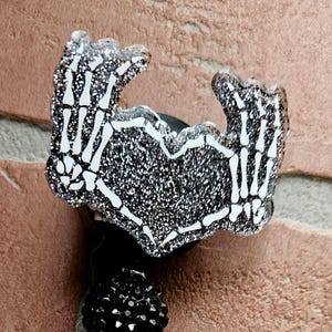 Skeleton Hand Heart Sign Interchangeable Badge Reel Topper | Nurse, Office, Teacher, Student | Custom Acrylic Glittered | Made To Order